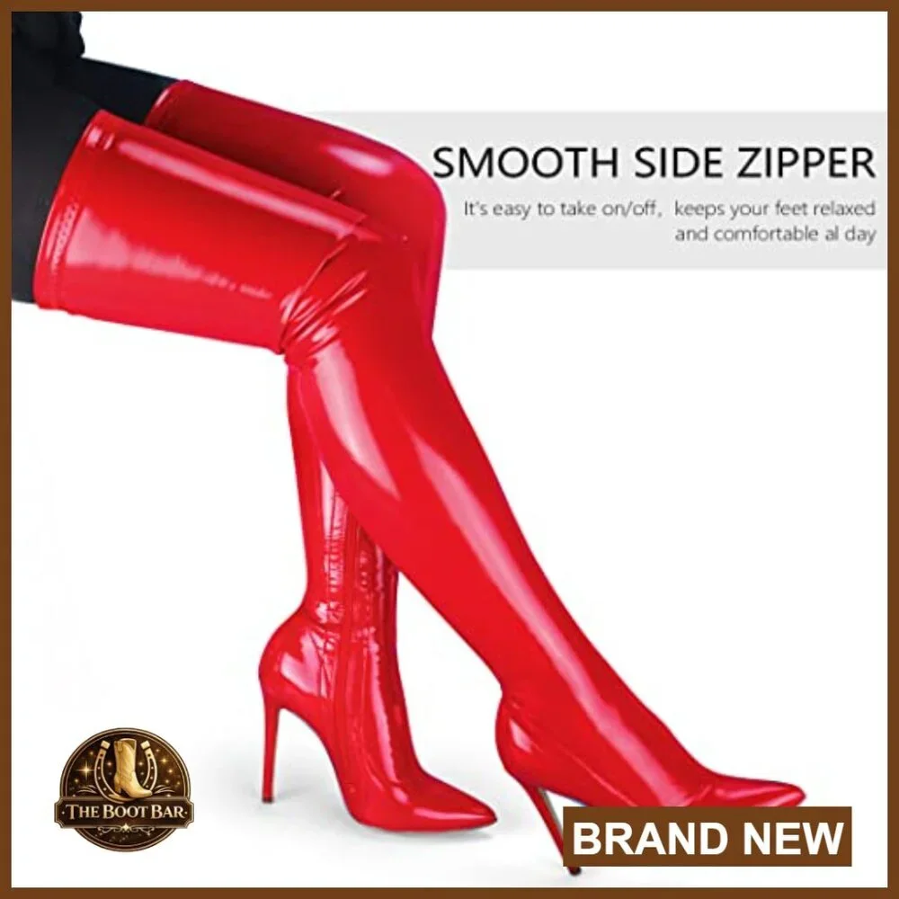 Patent Leather PU Thigh High Boots Pointy Toe Side Zipper Stiletto Heel